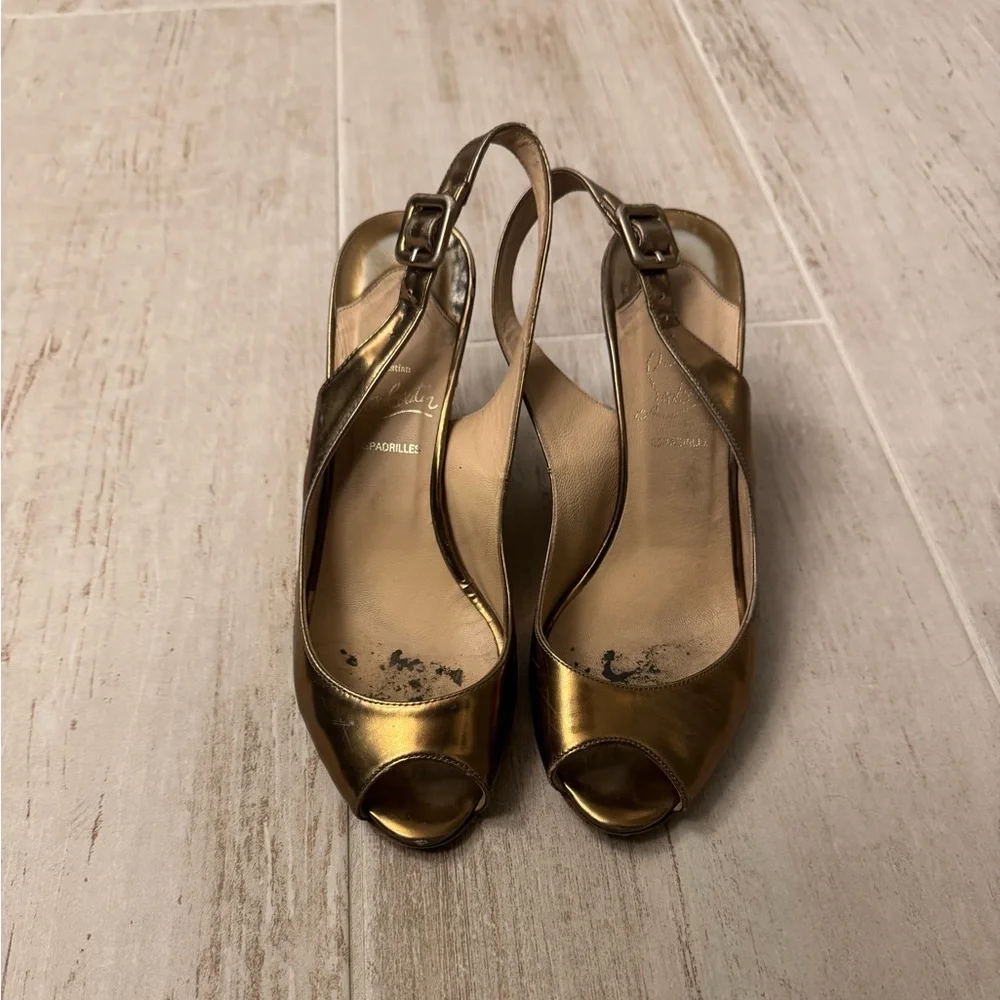 Christian Louboutin Metallic Gold Peep-Toe Wedge Slingbacks